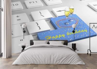 White keyboard with flat keys with the enter key in blue showing happy birthday and two glasses of champagne 3D illustration Wall mural