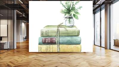 stack of old books handpainted watercolor, isolated on white background Wall mural