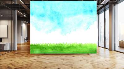 Green grass meadow with cloud sky watercolor hand painting background. Wall mural