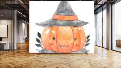 Jack o' lantern with magicain hat, black ribbon and green leaves watercolor illustration for decoration on Halloween festival. Wall mural