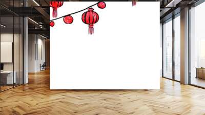 Red lantern moblie hanging watercolor hand painting and outline ink drawing for decoration on Chinese new year festival. Wall mural