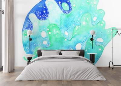 Splash ocean wave, bubble and sky in circle shape banner watercolor hand painting for decoration on summer holiday theme. Wall mural