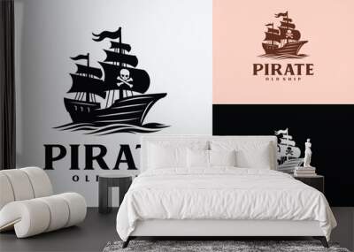 logo illustration of a pirate ship, the screen expands with a skull in vintage style Wall mural