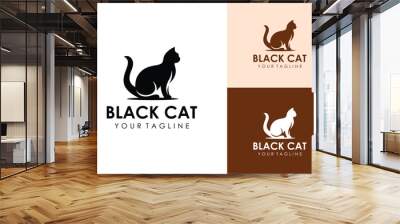 sitting black cat silhouette logo design vector illustration Wall mural