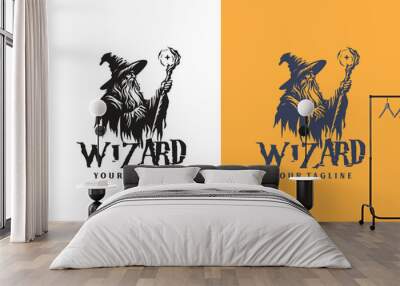 Wizard Magician logo design illustrations vector template ink drawing style Wall mural