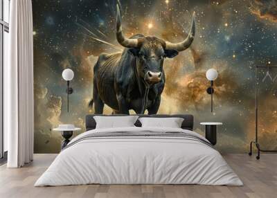 A majestic bull stands stoic against a backdrop of swirling nebulae its horns adorned with constellations Wall mural