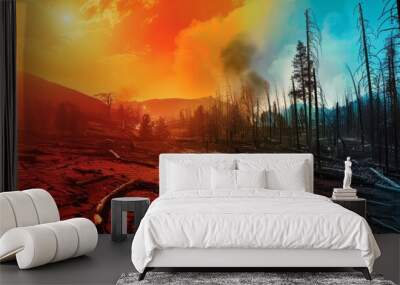 Use vibrant colors to depict a world ravaged by wildfires or drought Wall mural