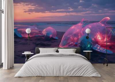 Illustration of A surreal beach scene with giant plastic sculptures shaped like marine animals, glowing with an inner light against a twilight sky. Ai Generate.
 Wall mural