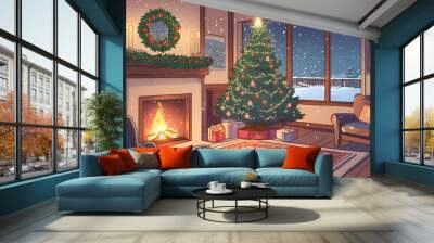 fireplace with christmas tree and decorations Wall mural