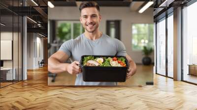 Man holding a container box with healthy fitness meal including white meat, fresh green salad and vegetables and his triceps is showing up. gym blur background generative ai	 Wall mural