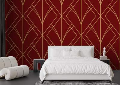 elegant art deco seamless pattern red maroon 3 golden line geometric illustration wallpaper graphic design vector Wall mural