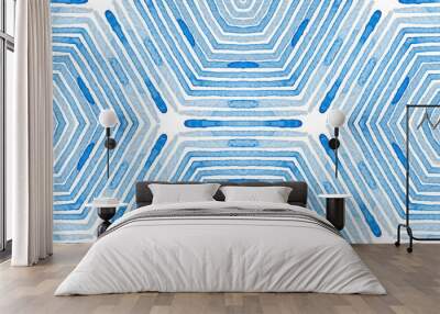 Blue Geometric Watercolor. Admirable Seamless Pattern. Hand Drawn Stripes. Brush Texture. Mesmeric C Wall mural