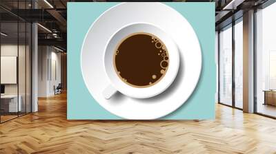 Coffee cup top view isolated vector illustration. White cup of black coffee with bubbles and saucer. Wall mural