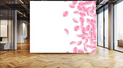 Sakura petals falling down. Romantic pink bright big flowers. Thick flying cherry petals. Scatter ri Wall mural