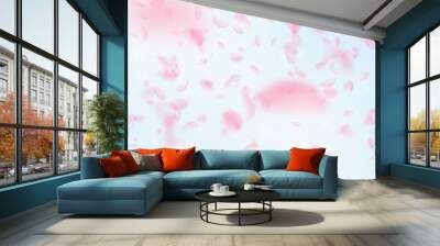 Sakura petals falling down. Romantic pink flowers gradient. Flying petals on blue sky square backgro Wall mural