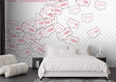 Social media icons. Smm concept. Falling pink like counter. Radiant left top corner elements on tran Wall mural