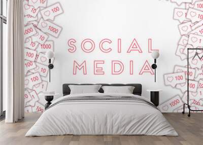 Social media icons. Social media concept. Falling pink like counter. Chaotic border elements on whit Wall mural