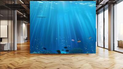 panoramic deep blue underwater background with coral reefs and fish Wall mural