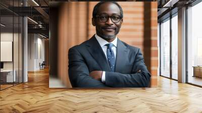 Confident African American Businessman in Formal Attire Smiling with Arms Crossed in Urban Office Environment Wall mural