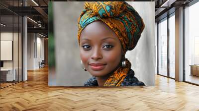 Confident African Woman in Vibrant Headwrap Close-Up Portrait Celebrating Beauty and Culture Wall mural