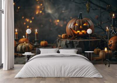 Halloween decoration pumpkin and candle background Wall mural