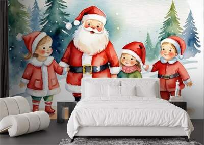 Santa Claus with Kids  watercolor style  Wall mural