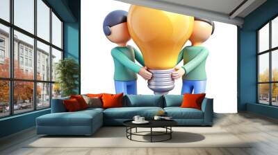 teamwork idea two PEOPLE holding a big lightbulb together 3d cartoon style illustration Wall mural