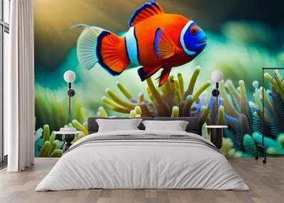 A colorful clownfish swimming among the anemones Wall mural