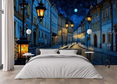 a night landscape of old Lviv with lanterns and light sources - AI Generative Wall mural