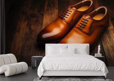 A pair of leather formal shoes on a luxurious wooden surface with ample copy space above Wall mural