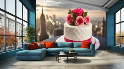 A round fondant cake with a happy birthday candle rests on a glass pedestal, exuding elegance and refinement - AI Generative Wall mural