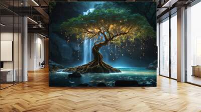 Amidst a tranquil forest, a solitary tree of life stands beneath a waterfall of bio-luminous water at night - AI Generative Wall mural