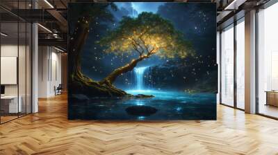 Amidst a tranquil forest, a solitary tree of life stands beneath a waterfall of bio-luminous water at night - AI Generative Wall mural