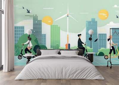 An electric scooter sharing program in a green city, with solar-powered charging stations and riders enjoying the sustainable transport Wall mural