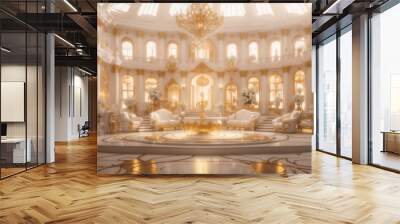 An opulent white and gold mansion, illuminated by a warm, glowing light - AI Generative Wall mural