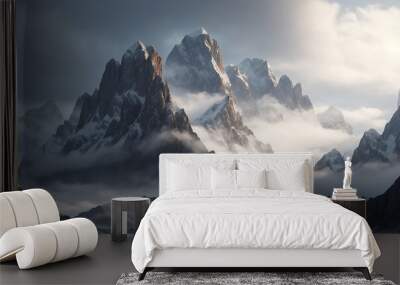 Mountain landscape, a majestic vista of towering peaks covered in thick blankets of snow - AI Generative Wall mural