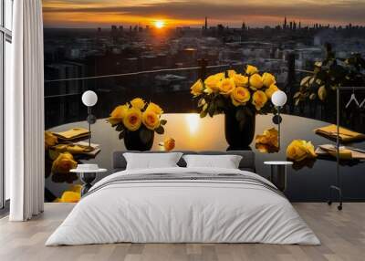 Shiny black table with some yellow roses on it, with yellow sunset - AI Generative Wall mural