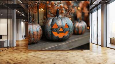 A display of Halloween pumpkins with carved jack-o’-lantern faces, painted in metallic copper and blue hues, on an elegant shelf decorated for the season.  Surrounded by foliage adding a spooky charm. Wall mural