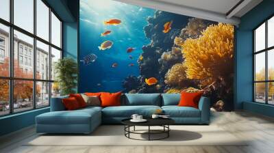 Colorful marine panorama of tropical fish swimming around a coral reef. Vibrant underwater scene showcasing oceanarium wildlife, perfect for snorkeling and diving exploration. Wall mural