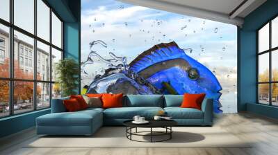 Blue and colorful tang fish swimming so fast in water surface Wall mural