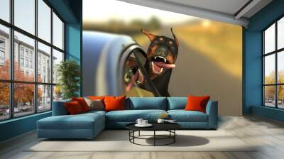 Doberman dog enjoying car ride head out of window with funny expression 3d illustration Wall mural