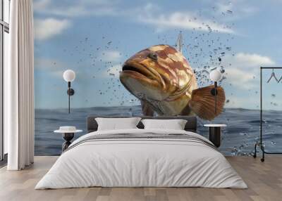 Great grouper fish with elegant and vivid colors jumping out of water 3d render Wall mural