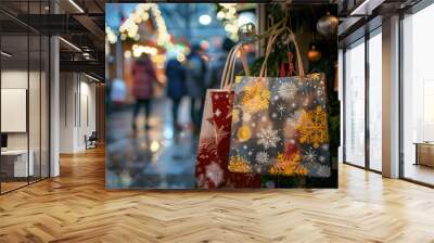 In a festive holiday market, a closeup view of two shopping bags. Wall mural