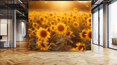 Wide field of sunflowers in summer sunset, panorama blur background. Autumn or summer sunflowers background. Shallow depth of field. Wall mural