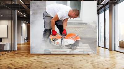 stone cutter at work on construction site. Wall mural