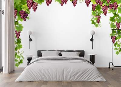 Frame from hanging bunches of ripe red grapes with branches and leaves. Wall mural