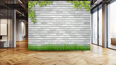 Grass and tree branches on white brick wall background. Wall mural