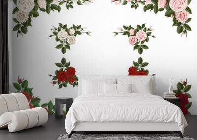 Set of bouquet roses different color for design greeting and wedding cards. Corner element. Wall mural