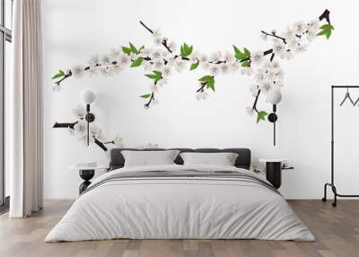 Set of spring blooming tree branches, tree branch with white flowers and leaves. Wall mural