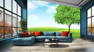 Tree on country spring landscape background. Green meadow and blue sky. Natural landscape with a calm beautiful scene. Wall mural